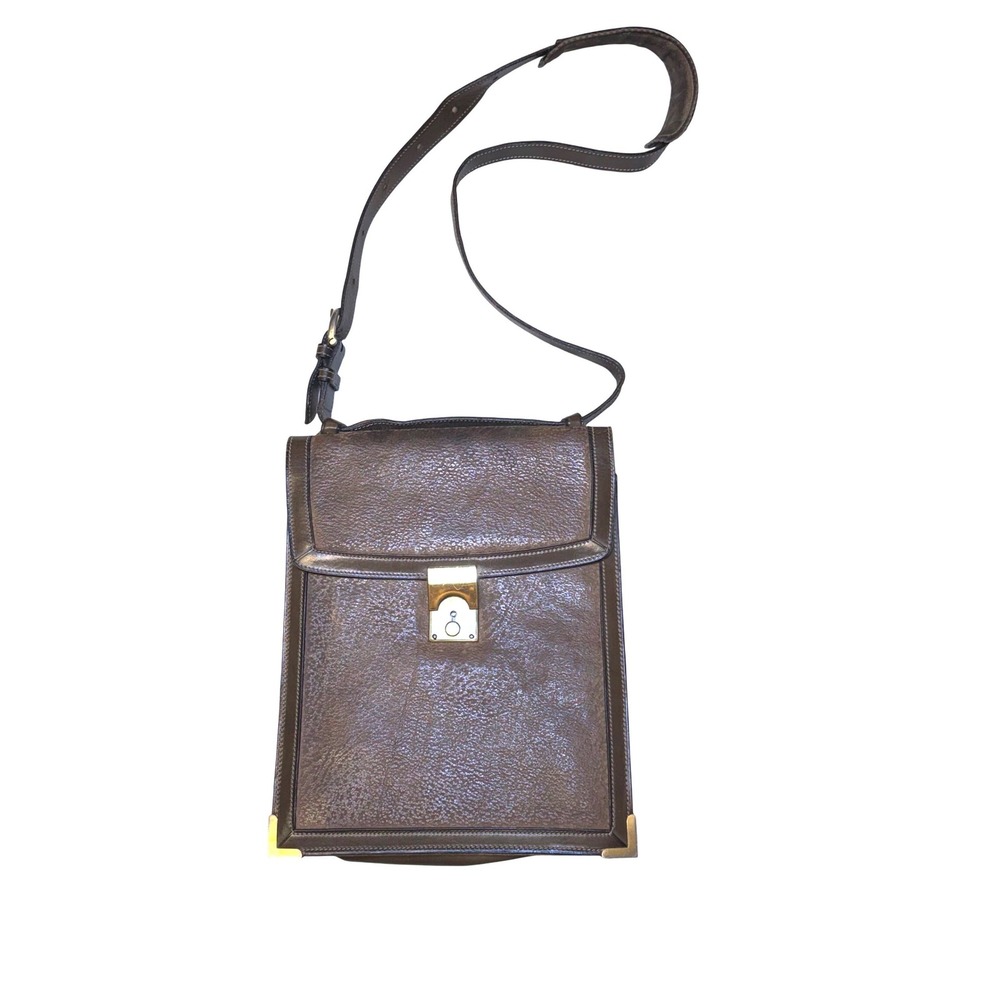 Vintage Textured Brown Leather shoulder Bag Brass Hardware Padded Strap